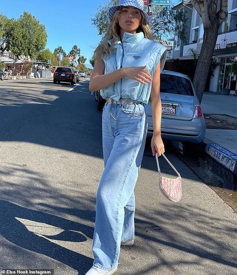 Blue Bucket Hat Outfit, Prada Vest, Blue Vest Outfit, Puffy Vest Outfit, Elsa Hosk Outfits, Elsa Hosk Style, Blue Prada, White Bucket Hat, Prada Fashion