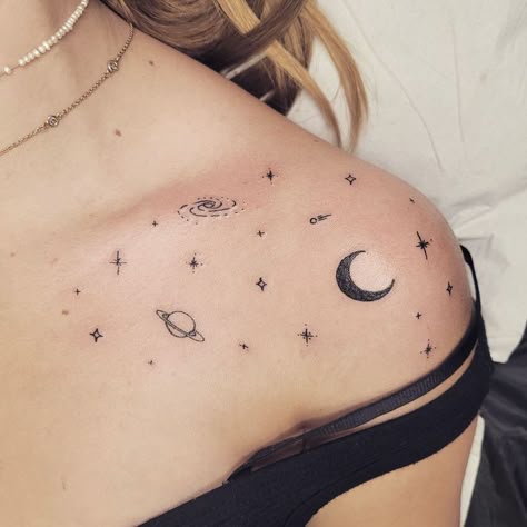 Planet Shoulder Tattoo, Celestial Sleeve Tattoos For Women, Shoulder Tattoos For Women Stars, Shoulder Space Tattoo, Star Sleeve Tattoos For Women, Space Thigh Tattoo, Chest Tattoo Female Upper Shoulder, Space Tattoo Sleeve For Women, Super Nova Tattoo