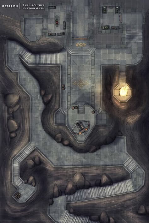 Massive stone staircases connect multiple levels of a heavily fortified mountainside entryway into this Dwarven stronghold. #battlemap #DnD Dwarven Battlemap, Dwarven City Map, Dnd Dwarven, Dwarven Stronghold, Dwarven City, The Dwarves, Dnd World Map, Fantasy World Map, George Mason