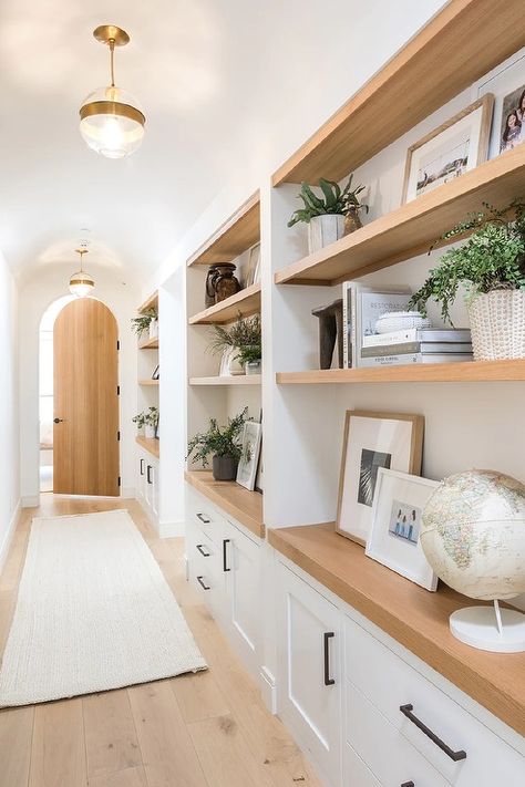 Hallway with Wall to Wall Built In Shelves and Cabinets - Transitional - Entrance/foyer Hallway Built Ins Cabinets, Built In Wall Cabinets Hallway, Built In Shelf Hallway, Hallway Shelves Built Ins, Hallway Storage Built In, Hallway Built In Shelves, Built In Shelves Hallway, Wall Built In Shelves, Hallway Cabinetry