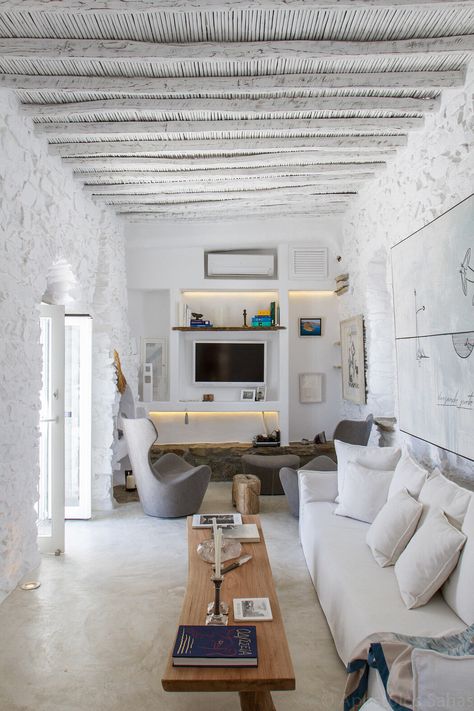 Villa Iona by Mykonos Architects | HomeAdore Mykonos Style, Greek Decor, Living Room Mantel, Contemporary Living Room Furniture, Sala Grande, Rural House, Mantel Decor, Future Trends, Coastal Interiors