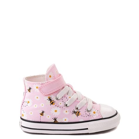 Converse Chuck Taylor All Star 1V Hi Bees Sneaker - Baby / Toddler - Pink Foam | Journeys Toddler Sneakers Girl, Toddler Converse, Shoe Size Chart Kids, Baby Converse, Flower Girl Shoes, Pink Converse, Converse Style, Toddler Sneakers, Kids Converse