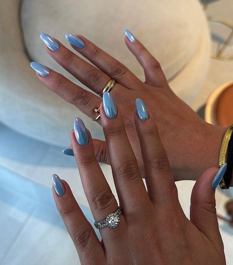 Pearly Nails Are the New Chrome Blue Pearl Chrome Nails, Baby Blue Chrome Nails Almond, Grey Blue Chrome Nails, Pearly Chrome Nails, Solid Color Chrome Nails, Light Blue Chrome Nails Designs, New Trend Nails 2024 Summer, Ice Blue Chrome Nails, Icy Blue Winter Nails