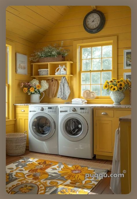 Maximalist Laundry Room, Yellow Laundry Room Ideas, Colorful Laundry Room Ideas, Eclectic Laundry Room, Yellow Laundry Room, Colorful Laundry Room, Yellow Laundry, Yellow Laundry Rooms, Tiny Laundry Rooms