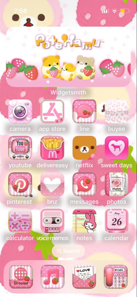 Homescreen Layout Kawaii, Cute Core Homescreen, Home Screen Ideas Kawaii, Cutecore Phone Layout, Kawaii Phone Layout, Kawaii Phone Theme, Pink Wallpaper Phone, Kawaii Homescreen, Kawaii App Icons