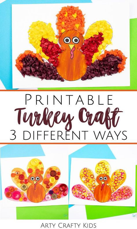 Looking for printable turkey crafts for kids to make at home or at preschool? This printable turkey craft for kids template can be used for 3 different craft projects + is so simple for children to use. Find out how to make a tissue paper turkey craft for kids + other Thanksgiving turkey crafts for kids using the template here! (Link is for tissue paper Thanksgiving turkey craft for kids). Printable Thanksgiving Crafts for Kids Turkey | Thanksgiving Craft Templates for Kids #KidsPrintables Turkey Tissue Paper Craft, Tissue Paper Turkey, Thanksgiving Turkey Crafts, Turkey Crafts For Kids, Kindergarten Thanksgiving Crafts, Turkey Craft For Kids, Printable Thanksgiving Crafts, Flower Making Tutorial, Craft Paper Design