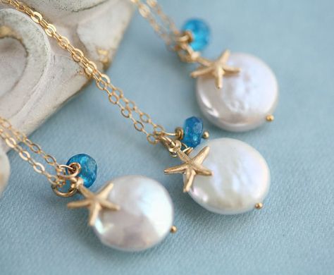 Set of 4,Bridesmaid Gift,Beach theme wedding,Starfish necklace,Customize birthstone,Coin pearl,Gold filled necklace Ocean Theme Wedding, Coin Pearl Necklace, Beach Wedding Jewelry, Ocean Inspired Jewelry, Beachy Jewelry, Pearl Beach, Bridesmaid Card, Necklace Birthstone, Seashell Jewelry