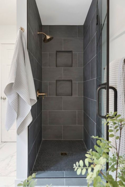 Tonka Snack Chute Bath Reveal | Before & After 9 Charcoal Gray Shower Tile, Hexagon Tile Tub Surround, Slate Gray Tile Bathroom, Dark Gray Tile Shower Ideas, Contrasting Bathroom Tiles, Small Masculine Bathroom Ideas, Black Master Shower Ideas, Dark Bathroom Shower Tile, Masculine Modern Bathroom