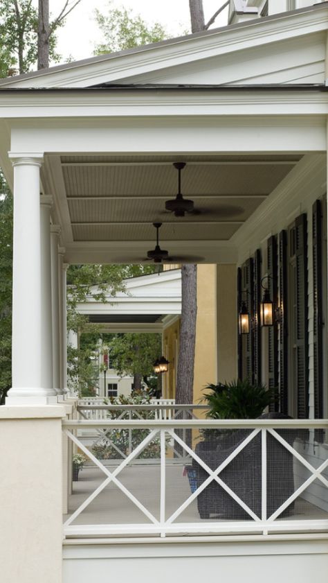 Southern front porch - ceiling & railings Cottage Photos, Southern Front Porch, Front Porch Railings, Patio Railing, Traditional Porch, Porch Ceiling, Railing Ideas, Southern House, Cottage Exterior