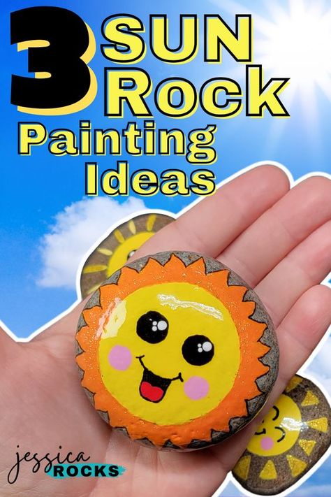 Come try 3 easy sun rock painting ideas to usher in the spring and summer warmth! Sun On Rock Painting, Rock Painting Sun, Rock Painting Ideas, Rock Ideas, Kids Recipes, Rock Crafts, Rock Painting, Rock Art, Painted Rocks