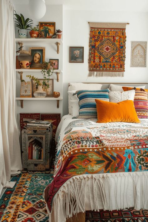 Bedroom Boho Colorful, Simple Bohemian Bedroom, Boho Tiny House Interiors, Small Bohemian Bedroom, Boho Small Bedroom, Bright Boho Bedroom, Boho Room Aesthetic, Spare Room Ideas, Mexican Bedroom Ideas