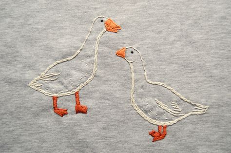 geese for Rechenka made by Lena Rastiagaeva Embroidered Duck Simple, Goose Embroidery Pattern, Silly Goose Embroidery, Geese Embroidery, Embroidery Goose, Goose Embroidery, Duck Embroidery, My Woman, Clothes Embroidery Diy