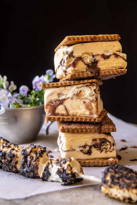 Toasted S'mores Ice Cream Sandwiches. - Half Baked Harvest Smores Ice Cream Sandwich, Oreo Ice Cream Sandwich, Smores Ice Cream, Homemade Ice Cream Sandwiches, Half Baked Harvest Recipes, Chocolate Fudge Sauce, Homemade Graham Crackers, Cookie Dough Ice Cream, Ice Cream Cookie Sandwich