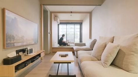 Zen-Like Micro-Apartment Renovation Is Inspired by Japanese Inns Micro Studio, Shoji Doors, Dark Tile, Micro Apartment, Built In Cabinet, Multifunctional Space, Apartment Renovation, Comfy Couch, Pilates Studio