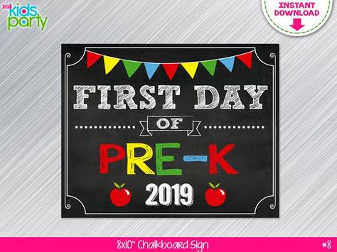 INSTANT DOWNLOAD First Day of PRE-K Sign Print Yourself, First Day of Pre-k Chalkboard Sign Digital File First Day Of 7th Grade, Diy Kids Party, Personalized Centerpieces, School Chalkboard, School Printables, Kindergarten First Day, Chalkboard Sign, School Signs, Minnie Mouse Party