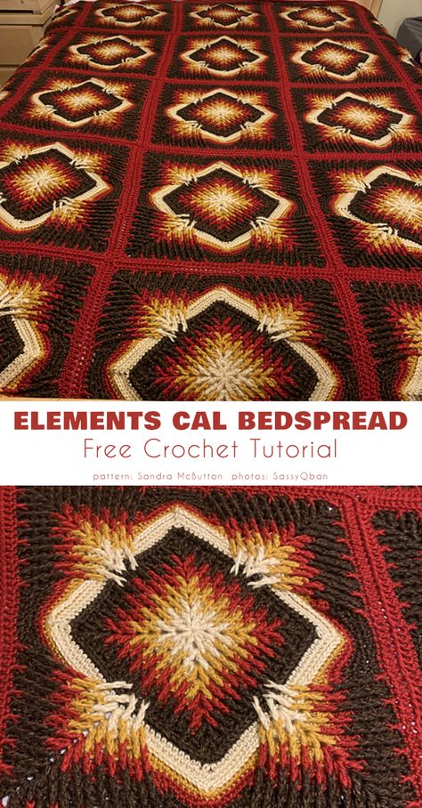 Elements CAL Bedspread Free Crochet Patterns Crochet Bedsheets, Crochet Baby Socks, Granny Square Crochet Patterns Free, Crochet Afghan Patterns Free, Crochet Bedspread Pattern, Vintage Crochet Patterns, Crochet Blanket Designs, Cozy Crochet, Crochet Bedspread