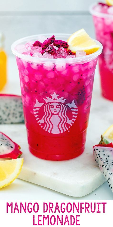 Mango Dragonfruit Lemonade {Starbucks Copycat} -- In this copycat recipe for Starbucks Mango Dragonfruit Lemonade, the sweet mango dragonfruit base combines with tart lemonade for the most refreshing summery drink in the most beautiful magenta hue! via @wearenotmartha Mango Dragon Fruit Lemonade Starbucks, How To Make The Mango Dragonfruit Drink, How To Make A Mango Dragon Fruit Refresher, Mango Drangfruit Starbucks Recipe, Frozen Mango Dragonfruit Lemonade, Mango Passion Fruit Starbucks, How To Make Starbucks Mango Dragonfruit Lemonade, Mango Lotus Drink, Mango Dragonfruit Refresher Recipe With Lemonade