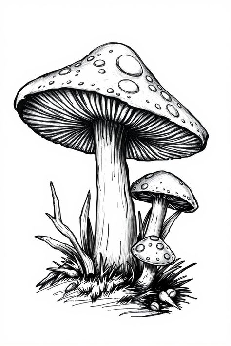 Check Out This Black And White Mushroom Drawing + 12 Other Mushroom Drawing Ideas! #drawinginspiration #drawing Pretty Mushrooms Drawing, Mushroom Black And White Drawing, Mushroom Pencil Sketch, Mushroom Cloud Drawing, Mushroom Drawings Easy, Pen Sketches Ideas, Trippy Designs To Draw, Mushroom Drawing Doodles, Mushroom Frog Drawing