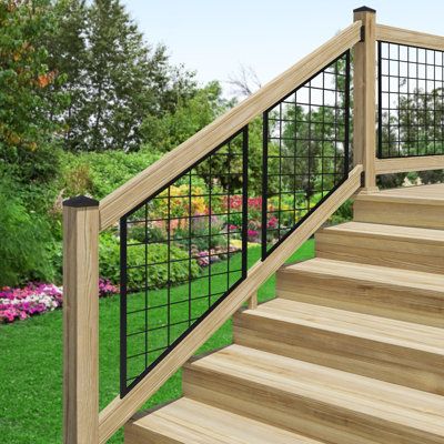 Hog Wire Stair Railing, Hog Panel Deck Railing, Wire Stair Railing, Porch Railing Ideas Diy Cheap, Hog Wire Deck Railing, Wood Stair Railings, Outside Stair Railing, Wood And Wire Fence Ideas, Stair Panels