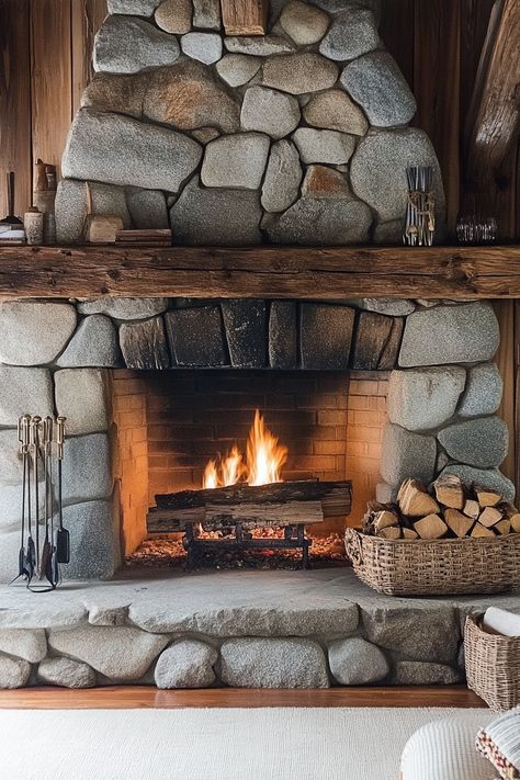 fireplace-ideas-living-room Rounded Stone Fireplace, Creek Rock Fireplace, River Rock Fireplace Decor, Stone Fireplace Bedroom, Indoor Fire Pit Living Rooms, River Rock Fireplace Ideas, Diy Rock Fireplace, Round Stone Fireplace, River Rock Fireplace