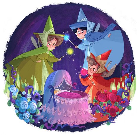 Flora Fauna Merryweather, Sleeping Beauty Art, Sleeping Beauty Fairies, Wacom Cintiq, Disney Sleeping Beauty, Briar Rose, Disney Fairies, Flora Fauna, Pinturas Disney