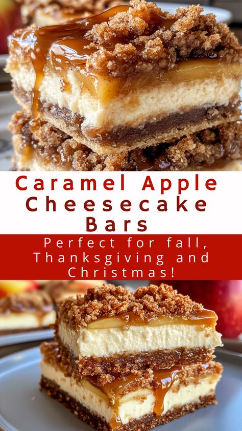 Caramel Apple Cheesecake Bars - Perfect for fall, Thanksgiving and Christmas! Apple Streusel Cheesecake Bars, Caramel Apple Crisp Cheesecake Bars, Apple Caramel Cheesecake Bars, Caramel Apple Cheesecake Bars Easy, Caramel Apple Dessert Bar, Dutch Apple Pie Cheesecake, Caramel Apple Cheesecake Recipes, Caramel Apple Crisp Cheesecake, Caramel Cheesecake Bars