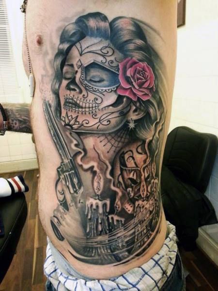 70 Day Of The Dead Tattoos For Men - Mexican Holiday Designs Day Of Dead Tattoo, Mexican Skull Tattoos, Day Of The Dead Woman, Candy Skull Tattoo, Skull Girl Tattoo, Full Leg Tattoos, Blue Rose Tattoos, Candy Skull, Women Tattoos