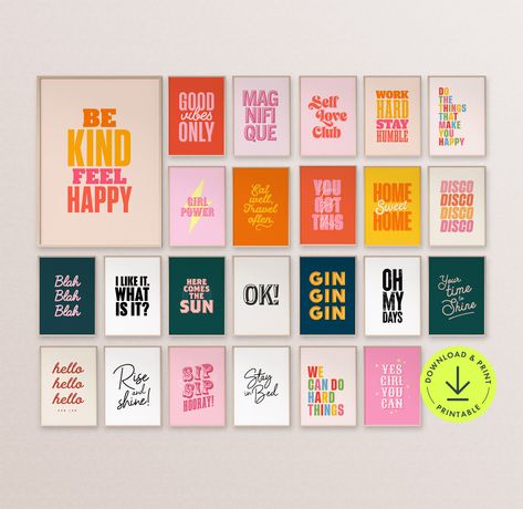 "- - Typography quotes wall art Print Bundle retro print eclectic gallery wall set of 24 word art aesthetic posters printable type Print text art | Digital Download - -  This eclectic gallery set of Digital Download Printable Typography Wall Art will instantly spruce up any home decor, office space or university dorm. Featuring inspirational clever sayings: * Be Kind feel happy * Magnifique * Here comes the sun * Girl Power * I like it what is it * Good vibes only * Gin * Rise and shine * Disco * Eat Well Travel Often * Blah Blah Blah * Do things that make you happy * Home sweet home * Self Love club * Your time to shine * OK! * Yes girl you can * Work hard stay humble * We can do hard things * Oh my days * You got this * Sip Sip Hooray * Stay in Bed * Hello, hello, hello  these posters ar Word Art Prints, Quote Gallery Wall, Quote Wall Mural, Word Art Aesthetic, Gallery Wall Quotes, Word Prints, Lettering Wall Art, Wall Art Words, Word Art Wall