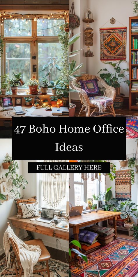 Boho home office ideas bring a blend of creativity and comfort with their eclectic, globally-inspired designs. Click for more inspiration. Boho Small Office Ideas, Feminine Office Space Bohemian, Nature Inspired Home Office, Whimsical Office Ideas, Colorful Boho Office, Boho Office Room Ideas, Cottage Core Office Ideas, Small Boho Office, Hygge Workspace