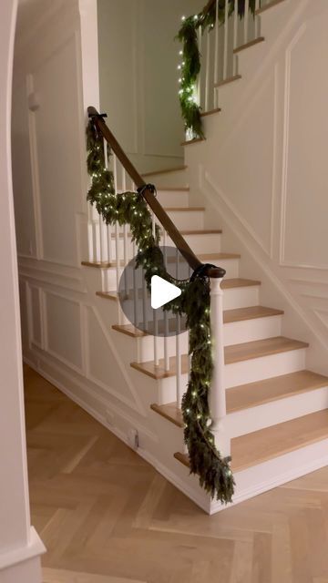 Christina Serrano on Instagram: "Garland IN STOCK & affordable — so deck the stairs!!🎄✨ ➡️Comment GARLAND for everything! 

✨ This gorgeous drapey $33 garland is up and secure! I decided to be an adult this year & actually use twisty ties. Get the festive look in minutes!

➡️Comment Garland to Shop, or head to my Amazon page to shop it there !" How To Attach Garland To Banister, Garland On Stairs, Stairway Garland, Pine Garland, Festive Look, I Decided, Christmas Decor, This Year, Stairs