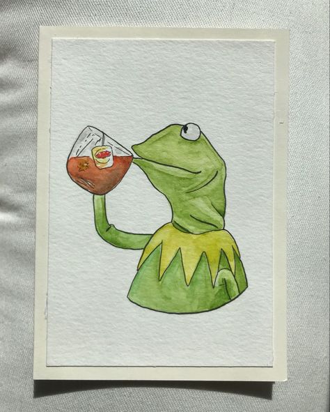 Watercolor Cartoon Characters, Funny Watercolor Paintings, Kermit The Frog Painting, Kermit Painting, Tshirt Slogans, Retro Animals, Frog Watercolor, Frog Sketch, Watercolour Card