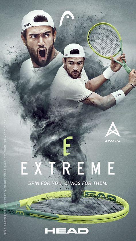 The Head Auxetic Extreme Tennis Racquet generates extreme spin and creates chaos for opponents. Endorsed by Matteo Berrettini, these racquets has been upgraded with innovative Auxetic technology for outstanding, crisp impact feel and is ideal for tournament players looking to dictate with optimal spin and power. Along with a shaft that helps create extra spin, the Extreme series has unique spin grommets which allow more string movement and a powerful trampoline effect on impact with the ball. Tennis Racquet Bag, Racquet Bag, Head Tennis, Tennis Posters, Sports Advertising, Womens Rugby, Pro Tennis, Golf Poster, Illustrator Design Tutorial