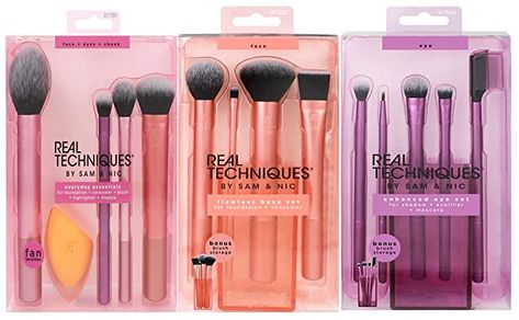 Amazon.com: Real Techniques Brush Set (Everyday Essentials, Enhanced Eye, Flawless Base): Beauty Lash Separator, Makeup Brushes Real Techniques, Real Techniques Setting Brush, Fake Makeup, Essential Makeup Brushes, Real Techniques Brushes, Flawless Base, Crease Brush, Eyeshadow Brush Set