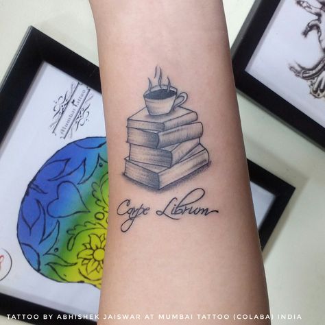 Carpe Librum Tattoo, Books And Coffee Tattoo, Book And Coffee Tattoo, Book Lovers Tattoo, Om Wrist Tattoo, Heartbeat Tattoo On Wrist, Couple Wrist Tattoos, Book Lover Tattoo, Lovers Tattoo