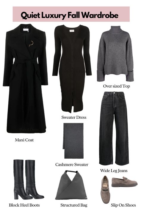 With so many quiet luxury items on the market to choose from, it can be difficult to figure out which items best fit fall🍃So, here 8 quiet luxury items that will be PERFECT for your fall wardrobe! #quietluxury #fall #falloutfits #wardrobe #quietluxuryaesthetic #therow #blackoutfits #greyoutfits #outfitideas #longcoat #sweaterdress #womanoutfit Quiet Luxury Autumn Outfits, Quiet Luxury Autumn, Quiet Luxury Outfits Women Winter, Quiet Luxury Winter, Quiet Luxury Fashion Fall, Quiet Luxury Dress, Quiet Luxury Aesthetic Outfit, Quiet Luxury Fashion Aesthetic, Quiet Luxury Capsule Wardrobe