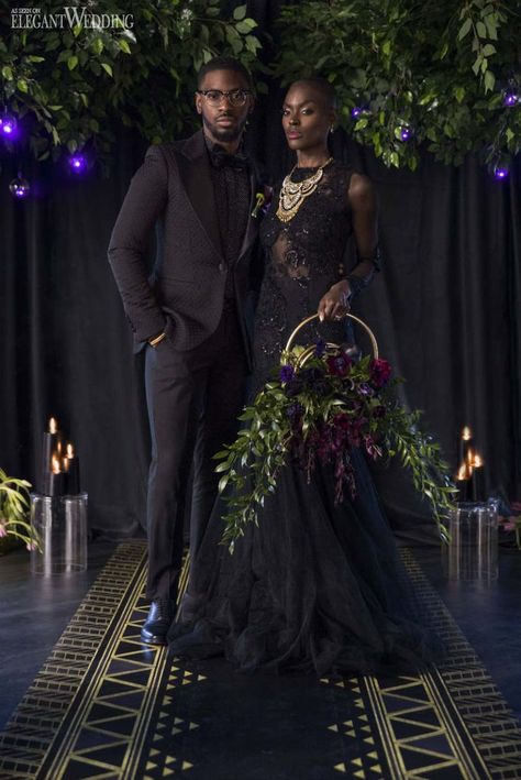 Regal Black Panther Wedding Theme | ElegantWedding.ca #regalweddinginspiration #weddingreceptiondecor #weddingthemeideas #weddingbouquet Wakanda Themed Wedding, Black Panther Wedding, Moody Black Wedding, Wakanda Party, Panther Photo, All Black Wedding, Black Wedding Theme, Black People Weddings, Royal Wedding Themes