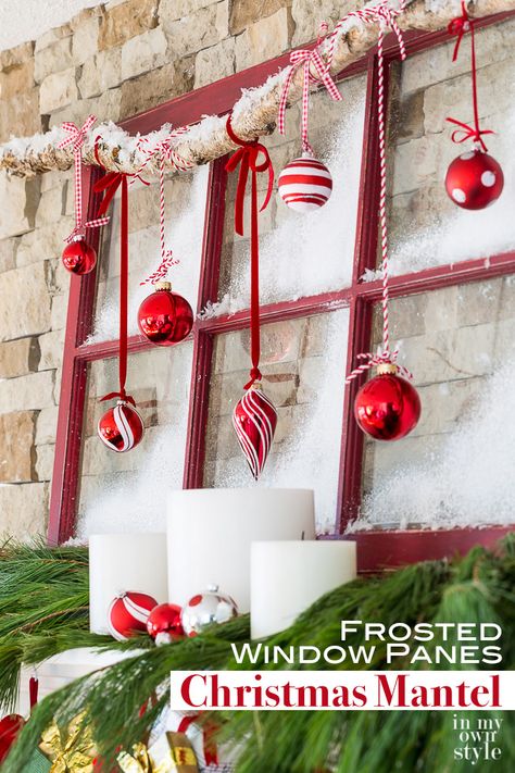 Christmas mantel decorating idea that repurposes an old window sash to create a frosted window pane holiday mantel. #Christmasdecorations #ChristmasDIY, #ChristmasRepurposedDecor #TraditionalChristmasDecorations Diy Christmas Mantel, Bright Christmas Decorations, Diy Christmas Fireplace, Christmas Window Decoration, Mantel Decorating, Frosted Window, Window Panes, Diy Popsicle, Elegant Christmas Decor