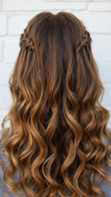 Long Hair Hairstyles Prom, Curled Hairstyles Down Simple, Hair For Homecoming Down, How To Style Long Hair For Formal Event, Wedding Hairstyle Long Hair Down, Big Braid Half Up Half Down, Dutch Braid Crown Half Up, Bridesmaid Half Up Half Down Hair Braid, Prom Hairstyles For Short Hair Braid