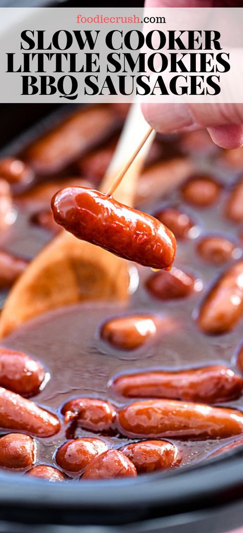 Crock Pot Little Smokies, Cocktail Sausage Recipes, Beanie Weenies, Mini Crockpot Recipes, Smokies Recipe, Sausage Appetizers, Little Smokies, Sausage Crockpot, Smoked Sausage Recipes