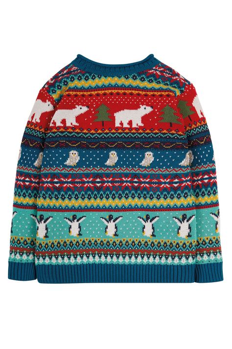 Festive fun and winter adventures are complete with something to snuggle into - after all, knitted winter jumpers are for every day, not just for Christmas. We've made this Forest Fairisle Jumper from 100% super-soft and durable organic cotton, which has 0% nasty chemicals to make it warm and gentle next to your little one's skin. The timeless fairisle design features a colourful Frugi twist, and the sleeves have clever extendable cuffs that allow the jumper to grow as your kid does. Plus, it's Cute Christmas Jumpers, Knitted Christmas Jumpers, Jumper Designs, Organic Kids Clothes, Winter Jumpers, Cotton Jumper, Organic Cotton Clothing, Christmas Jumper, Crochet Christmas