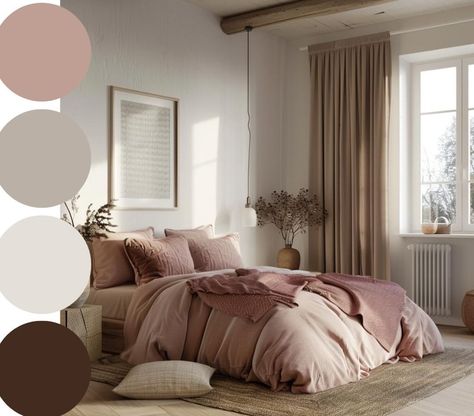 Master Bedrooms Mauve, Mauve And Cream Bedroom, Mushroom Colour Bedroom, Brown And Pink Bedroom Ideas, Bedroom Inspirations Cozy Color Schemes, Mauve Bedroom Color Scheme, Dusty Rose Bedroom Ideas, Best Colors For Bedroom, Pink And Brown Bedroom