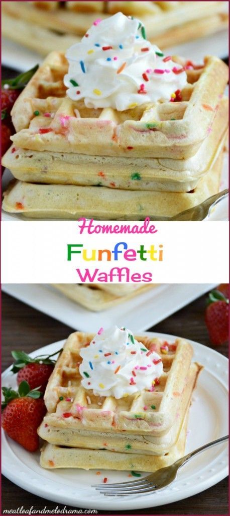 Homemade funfetti waffles are easy to make for a fun weekend breakfast. You can also reheat them in the toaster during the week! Funfetti Waffles, Waffle Iron Recipes, Waffle Maker Recipes, Homemade Waffles, Breakfast Waffles, Birthday Breakfast, Weekend Breakfast, Waffle Recipes, Melodrama