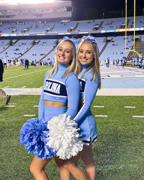 North Carolina Cheerleaders, Light Blue Cheer Uniforms, Uconn Cheerleading, College Cheer Uniforms, Blue Cheer Uniforms, Unc Cheerleaders, Blue Cheerleader Uniform, Nca Cheer, Unc College