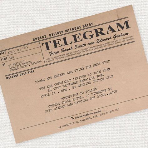 telegram wedding invitation PRINTABLE - 1920s antique wedding invite, rustic wedding invitation, typewriter wedding invitation, 1930s invite Telegram Invitations, Roaring 20s Invitation, Vintage Telegram, 20s Invitation, Rustic Wedding Invitation, How To Age Paper, Vintage Invitations, Antique Wedding, Rustic Invitations