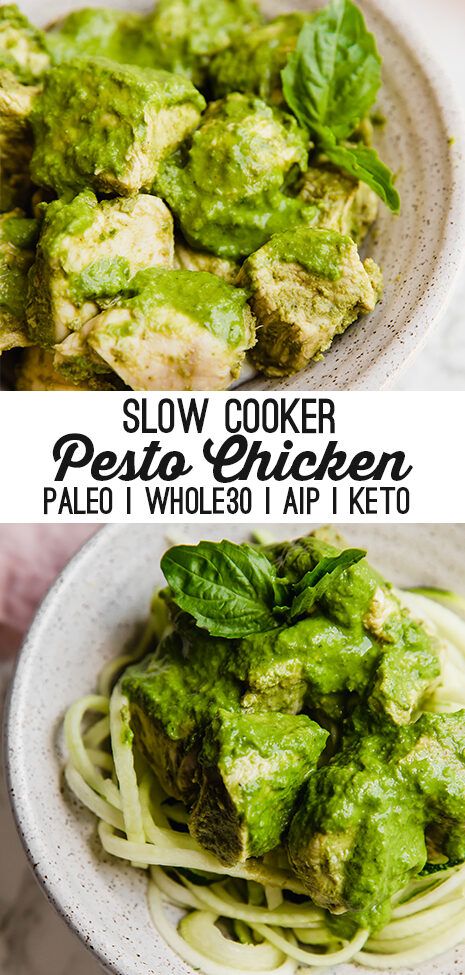 Slow Cooker Chicken Pesto, Pesto Chicken Breast, Paleo Crockpot Recipes, Unbound Wellness, Chicken Cooker, Dairy Free Pesto, Spinach Avocado, Paleo Slow Cooker, Aip Paleo Recipes