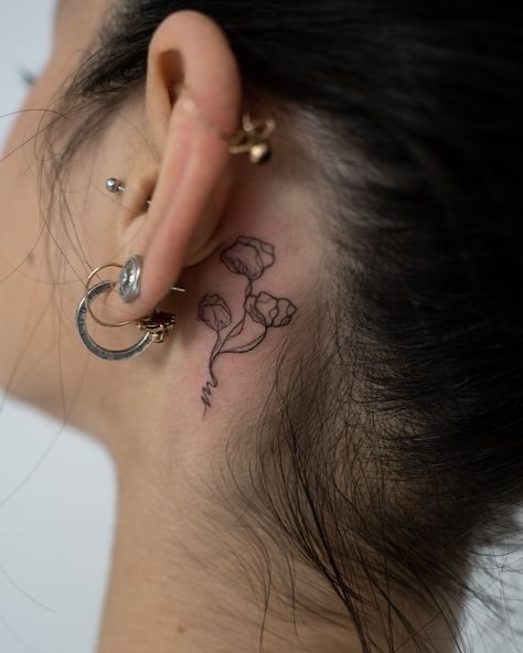 Behind the ear tattoo done by our resident artist @adina.tt Behind The Ear Tattoo Ideas Words, Under Ear Tattoo, Behind Neck Tattoo Woman, Ear Photo, Rose Tattoo Behind Ear, Behind The Ear Tattoo, Tattoo Behind Ear, Neck Tattoos Women, Neck Tattoos