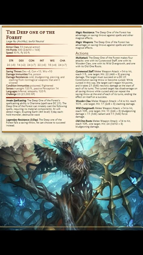 Feywood titan Dnd Fey Monsters, Dnd Titan, Dnd Fey, Dnd Gods, Dnd Statblocks, Homebrew Monsters, Dungeons And Dragons Books, Dnd Monster, Dnd Stats