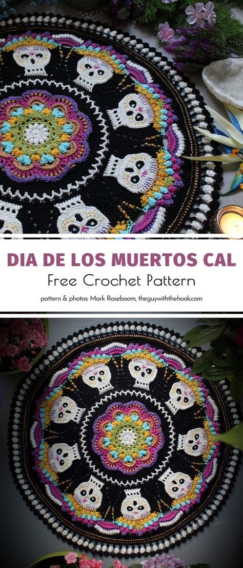 Skeleton Doily Pattern, Crochet Skull Table Runner Free Pattern, Free Crochet Skull Granny Square, Crochet Halloween Doily, Crochet Sugar Skull Pattern Free, Crochet Skull Free Pattern, Sugar Skull Crochet Pattern Free, Halloween Doily Crochet Patterns Free, Halloween Granny Square Crochet Free