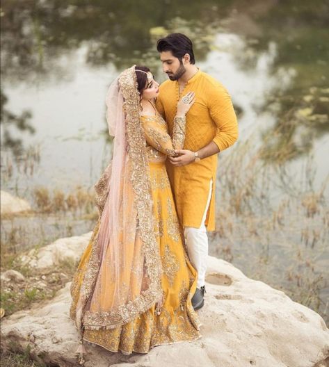 Hindu Couple, Haldi Dress For Bride, Romantic Sunset Wedding, Coordinate Outfits, Muslim Wedding Photos, Alizeh Shah, Wedding Outfits For Groom, Red Bridal Dress, Engagement Photography Poses