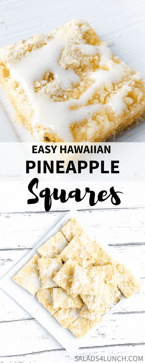 Easy Hawaiian Pineapple Squares, simple yet delicious, a treat for everyone.  A shortbread base with a delicious pineapple topping! #pineapplesquares #hawiian #pineappledessert #pineapplerecipe Pineapple Squares Old Fashion, Hawaiian Desserts Authentic, Hawaiian Brownies, Pineapple Squares Recipe, Hawaiian Themed Desserts, Pineapple Dessert Recipes Easy, Recipe With Pineapple Chunks, Pineapple Topping, Hawaiian Dessert